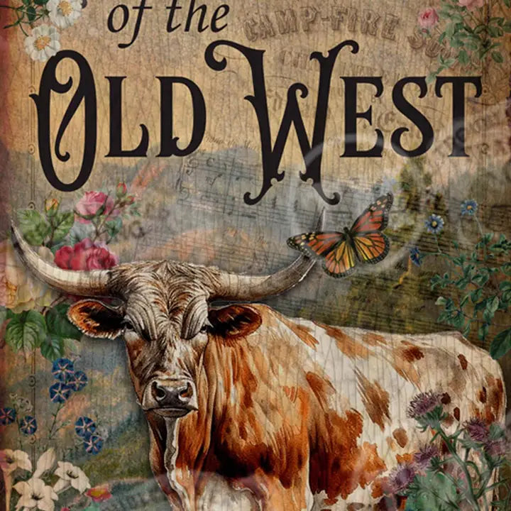 Western wall art of a longhorn cow with flowers and butterflies, titled 'Of the Old West'.