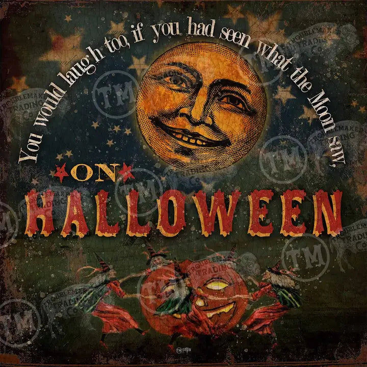 Vintage Halloween rustic wall art with moon face, pumpkin, and text on a dark background