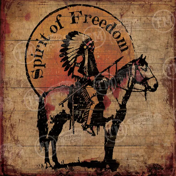 Artistic depiction of a Native American on horseback with 'Spirit of Freedom' text on a rustic background.