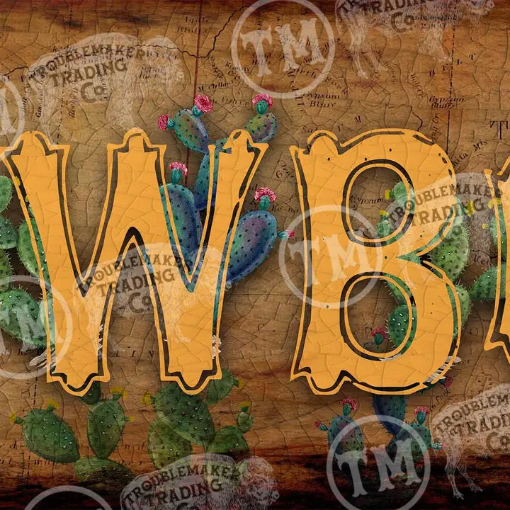 western wall decor with a closeup of COWBOY with cacti on a vintage map background