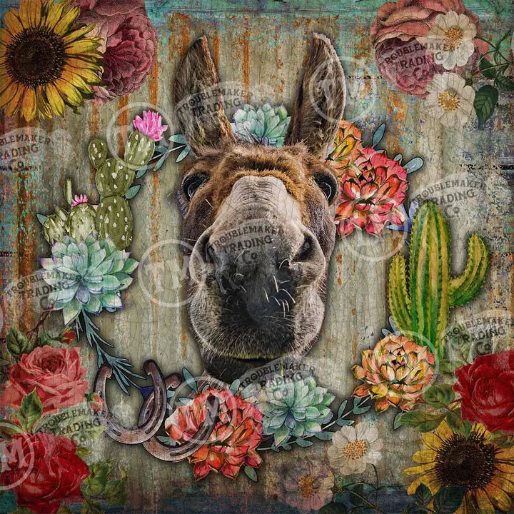 Donkey surrounded by flowers, cacti, and vintage text on a textured background