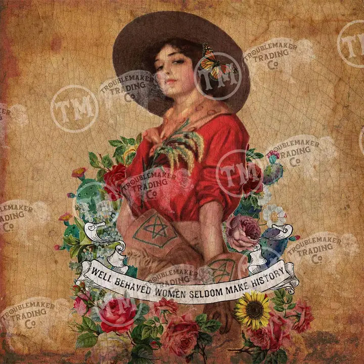 Vintage-style illustration of a woman with tattoos and flowers on a textured background with 'Troublemaker Trading Co' branding.