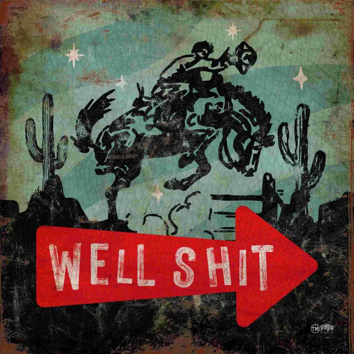 Artistic depiction of a person riding a bucking bronco with a red arrow and text 'WELL SHIT' on a textured background.