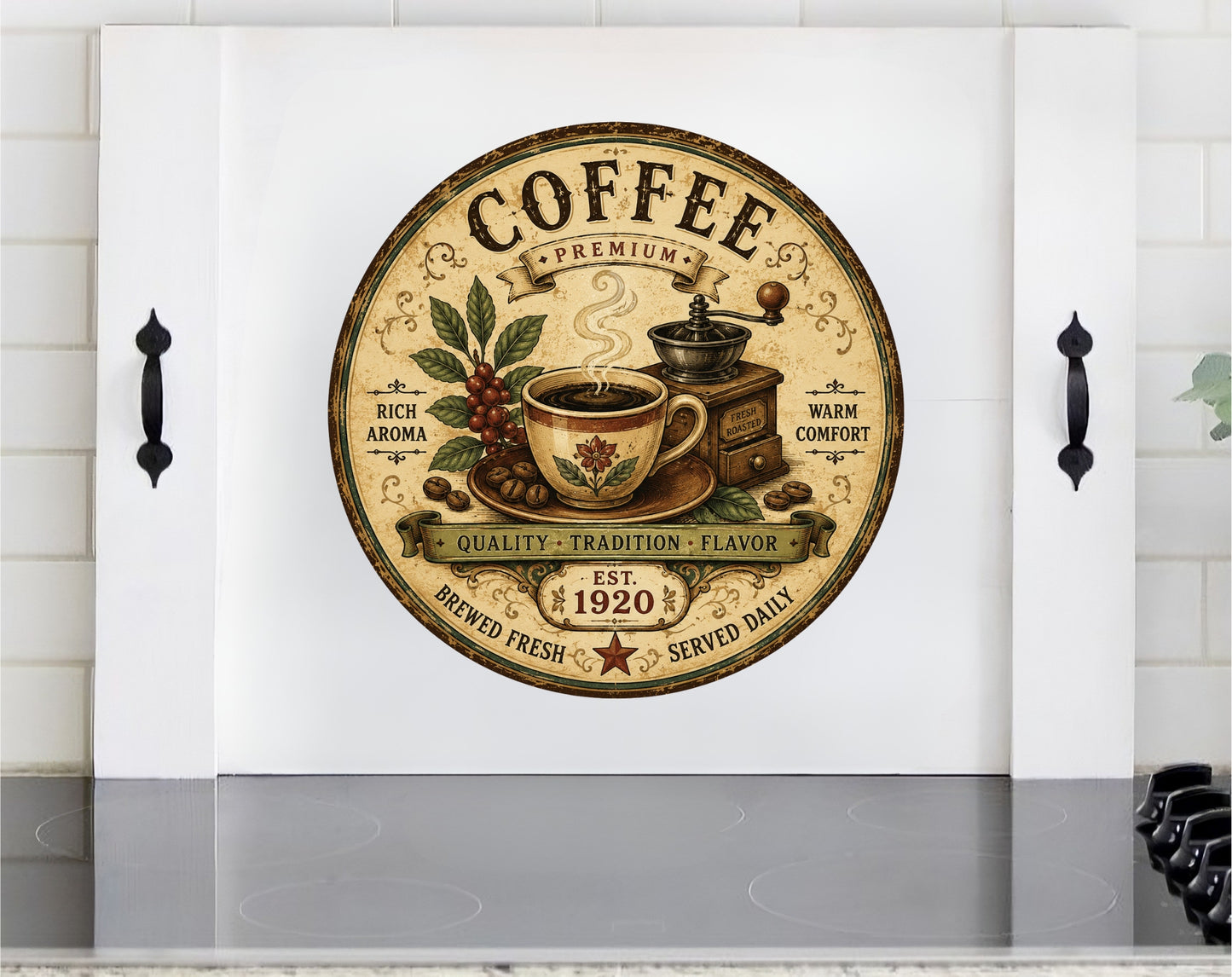 Vintage coffee stove cover noodle board by Pink Platypus Emporium featuring an antique coffee cup and grinder design on a solid wood decorative stovetop cover.