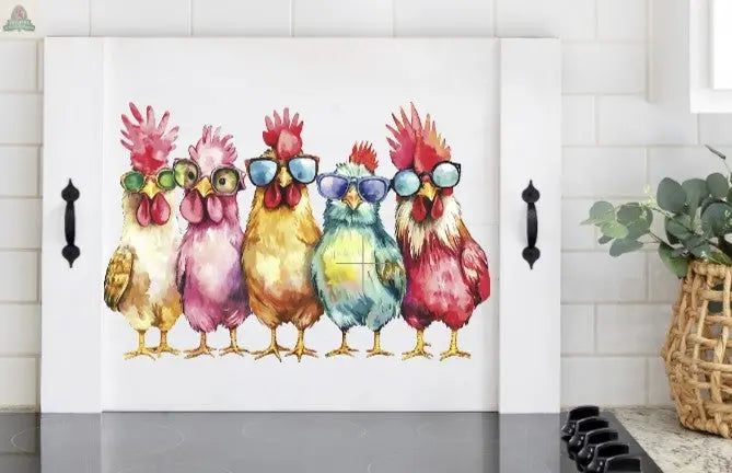 stove cover with colorful chickens