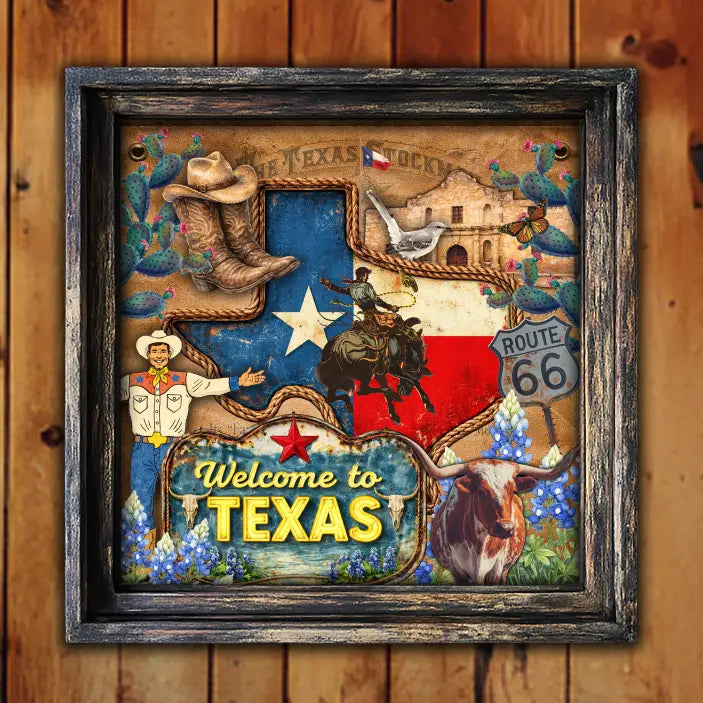Decorative sign with Texas-themed elements on a wooden background