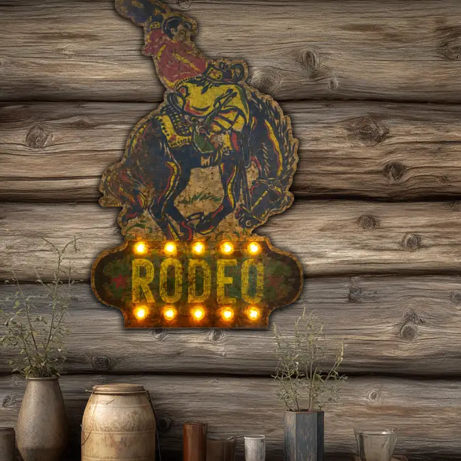 Decorative sign with 'RODEO' on a wooden wall