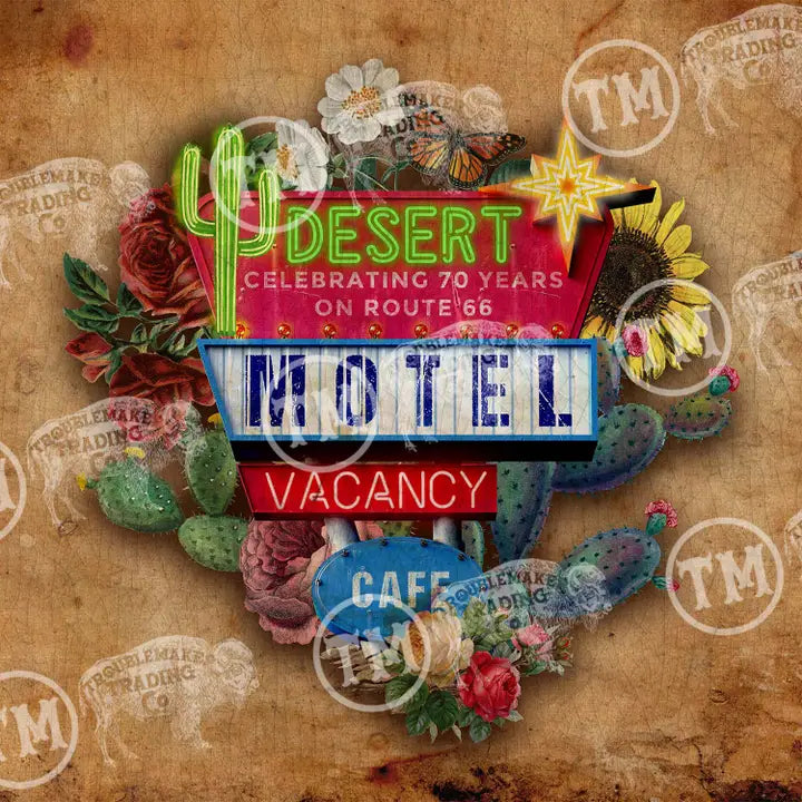 Decorative farmhouse wall decor with neon signs and desert-themed elements on a textured background.