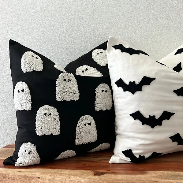 Tufted Ghost or Bat Halloween Pillow Cover – 20x20 Black & White Spooky Decor