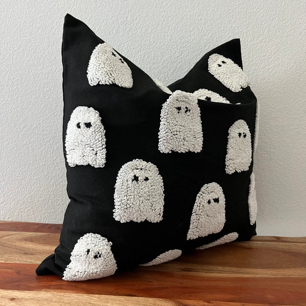 Tufted Ghost or Bat Halloween Pillow Cover – 20x20 Black & White Spooky Decor