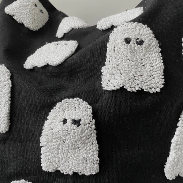 Tufted Ghost or Bat Halloween Pillow Cover – 20x20 Black & White Spooky Decor