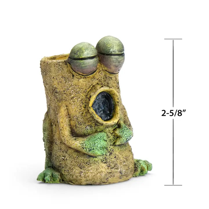 Frog-shaped decorative item with a white background and dimensions indicated.