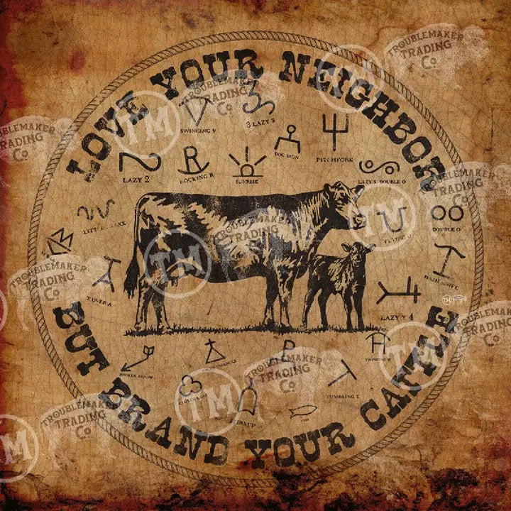 Vintage-style graphic with a cow and calf and text on a textured brown background.