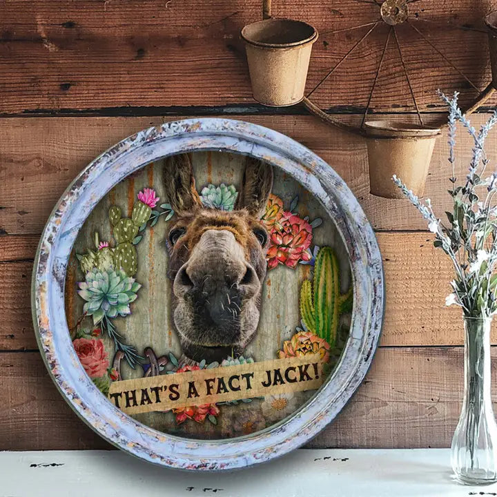 Decorative farmhouse wall art with a donkey's face surrounded by flowers and text on a wooden background.