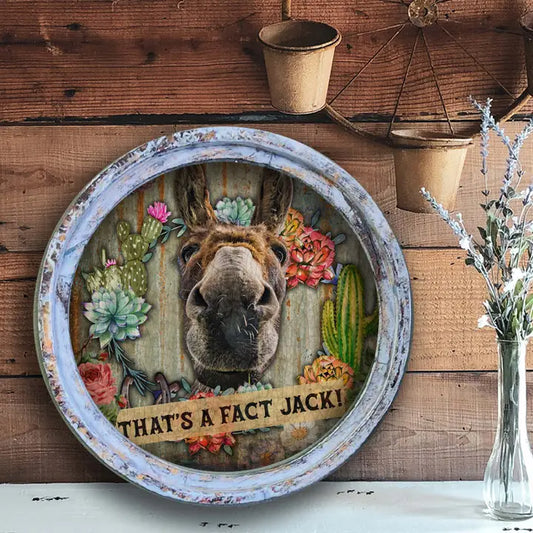 Decorative farmhouse wall art with a donkey's face surrounded by flowers and text on a wooden background.