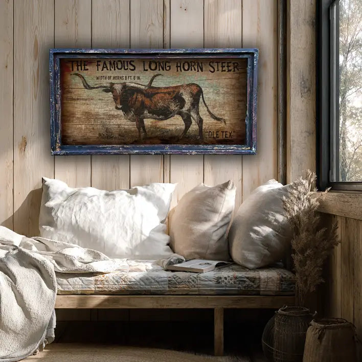 Decorative longhorn steer farmhouse wall decor on a wooden wall above a cozy sitting area.