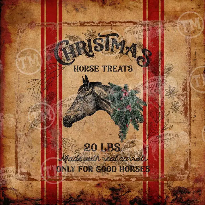 Vintage-style label for Christmas horse treats with a horse's head and decorative elements on a striped background.