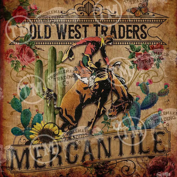 Vintage-style advertisement for 'Old West Traders Mercantile' with a cowboy on a horse, cacti, and flowers.