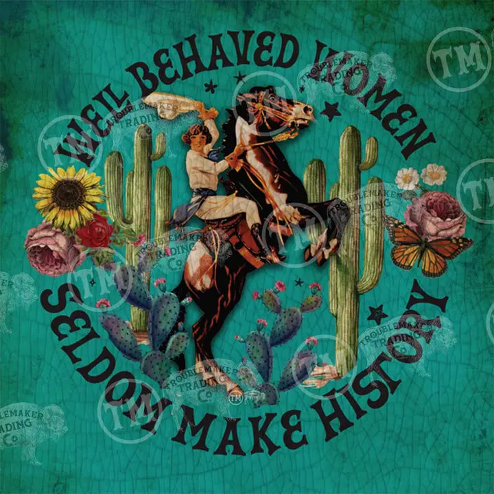Vintage-style western wall art with a woman riding a horse, surrounded by cacti and flowers, on a teal background.