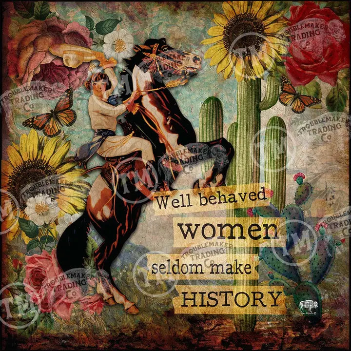 western wall art with a woman on horseback, cactus, and flowers with text overlay.