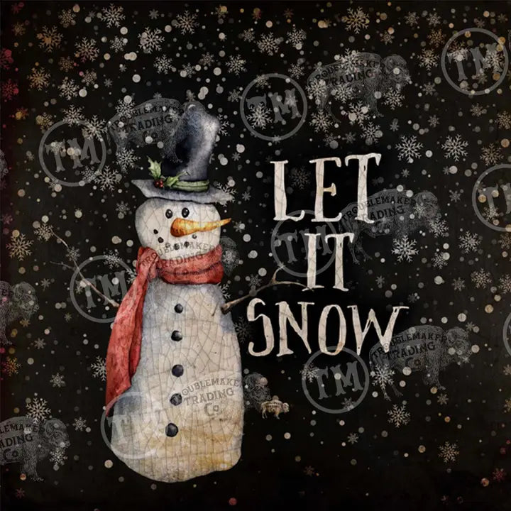 farmhouse wall decor featuring a Snowman with a red scarf and top hat against a dark background with 'Let It Snow' text.