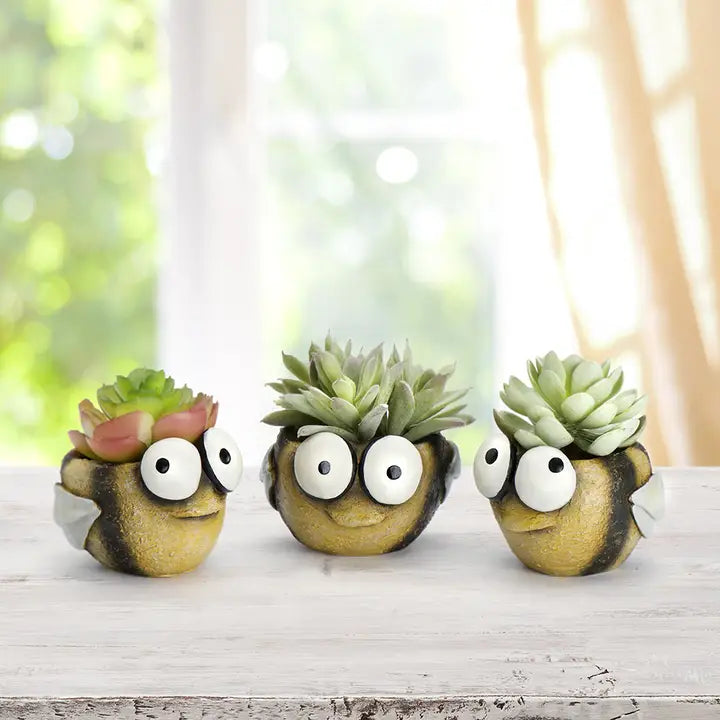 Three bee-shaped planters with succulents on a wooden surface