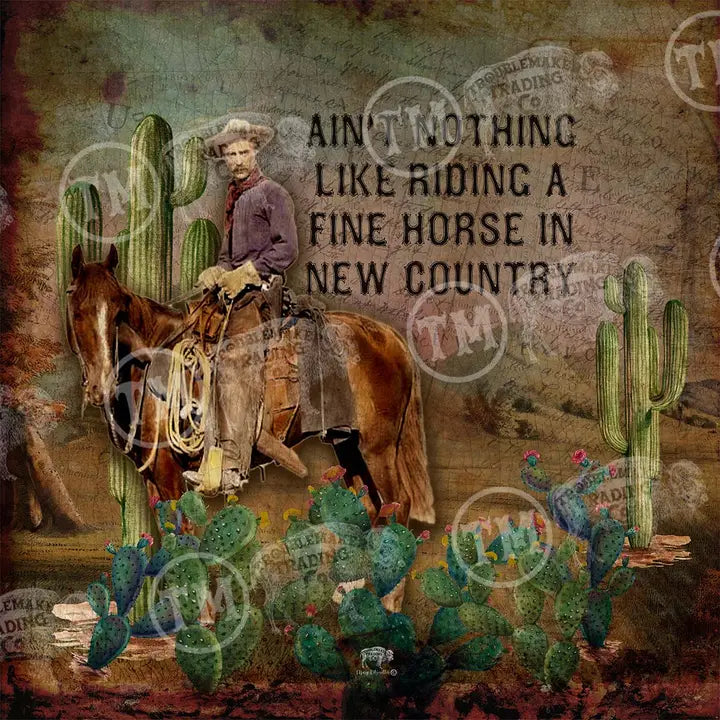 western wall art with a cowboy on horseback with cacti and text about riding a fine horse in new country