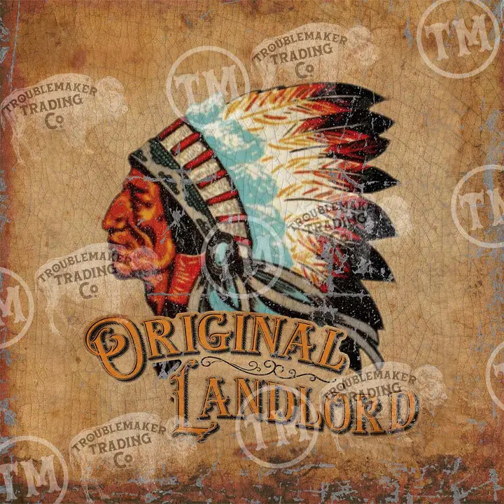 Vintage-style graphic with a headdress and 'Original Landlord' text on a textured background.