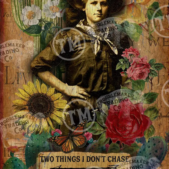 Western wall art with a person, flowers, and text on a textured background