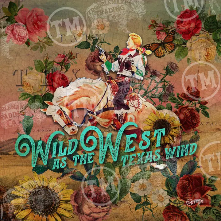 Vintage-style farmhouse wall decor with a woman on horseback, surrounded by flowers and text 'Wild West as the Texas Wind'.