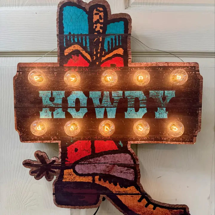 Decorative sign with 'Howdy' and cowboy graphic on a white background