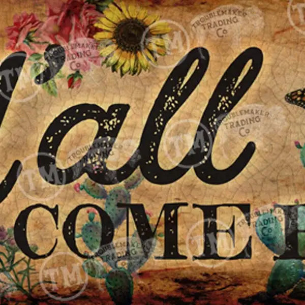 Vintage-style kitchen wall art 'y'All Come eat' sign with floral and nature-themed design on a textured background.