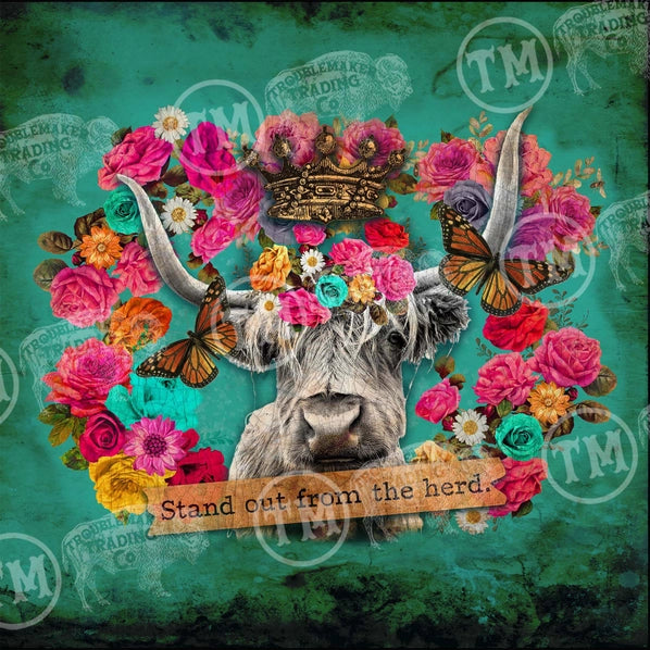 Decorative image of a bull's head surrounded by flowers and butterflies with a motivational quote on a teal background.