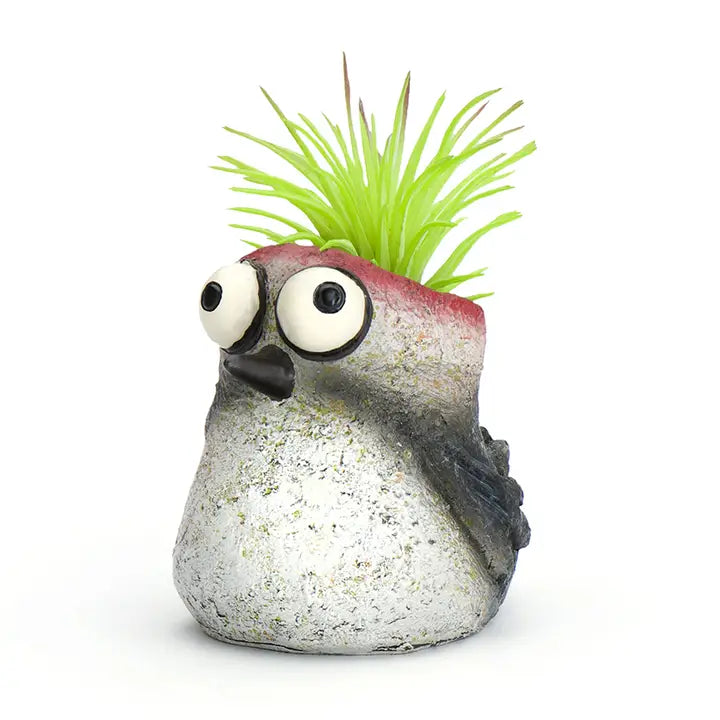 Stylized bird-shaped planter with a green plant on its head against a white background