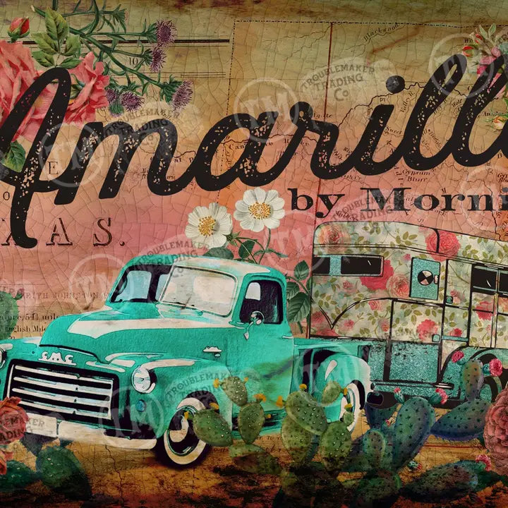 farmhouse wall decor featuring a vintage turquoise truck and trailer with floral and cactus elements on a decorative background with 'Amarillo' text.