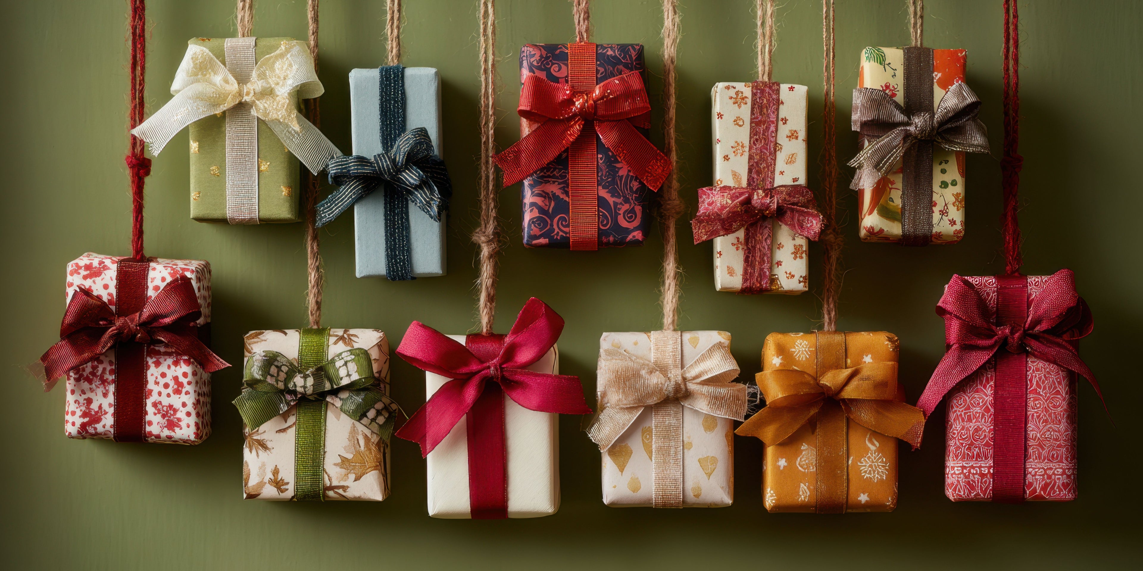 A curated display of holiday gift boxes in festive wrapping and ribbons, arranged vertically against a deep green background