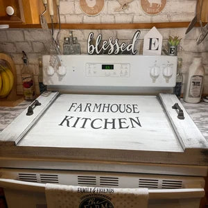 Neutral Floral Stove Cover | Wooden Noodle Board | Farmhouse Kitchen Decor