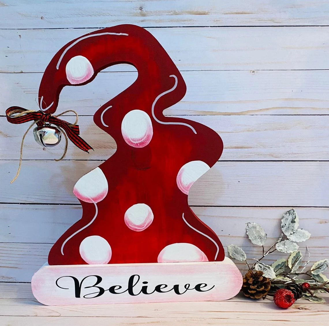 Hand Painted Wooden Santa Hat Christmas Decor | Rustic Believe Mantel & Tabletop Decoration