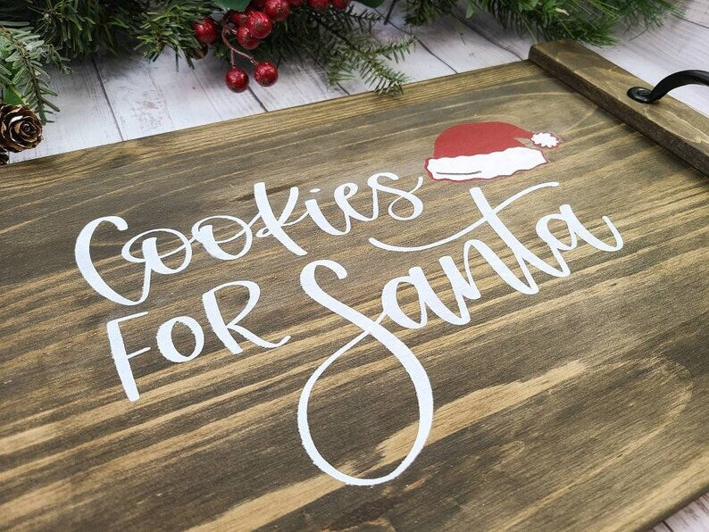 Cookies for Santa Wooden Tray | Christmas Eve Milk & Cookie Serving Tray with Handles