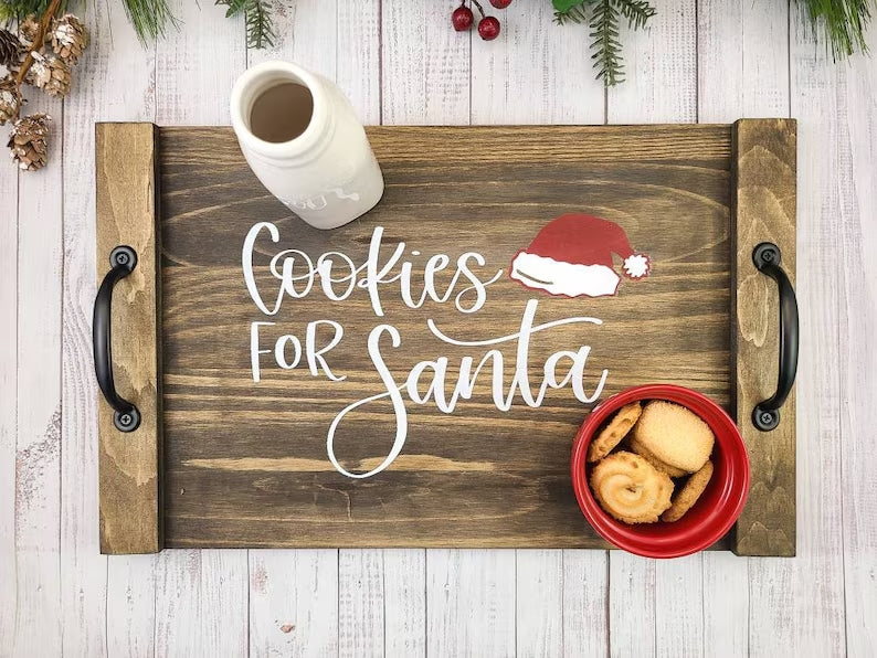 Cookies for Santa Wooden Tray | Christmas Eve Milk & Cookie Serving Tray with Handles