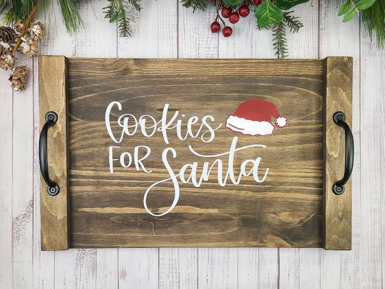 Cookies for Santa Wooden Tray | Christmas Eve Milk & Cookie Serving Tray with Handles