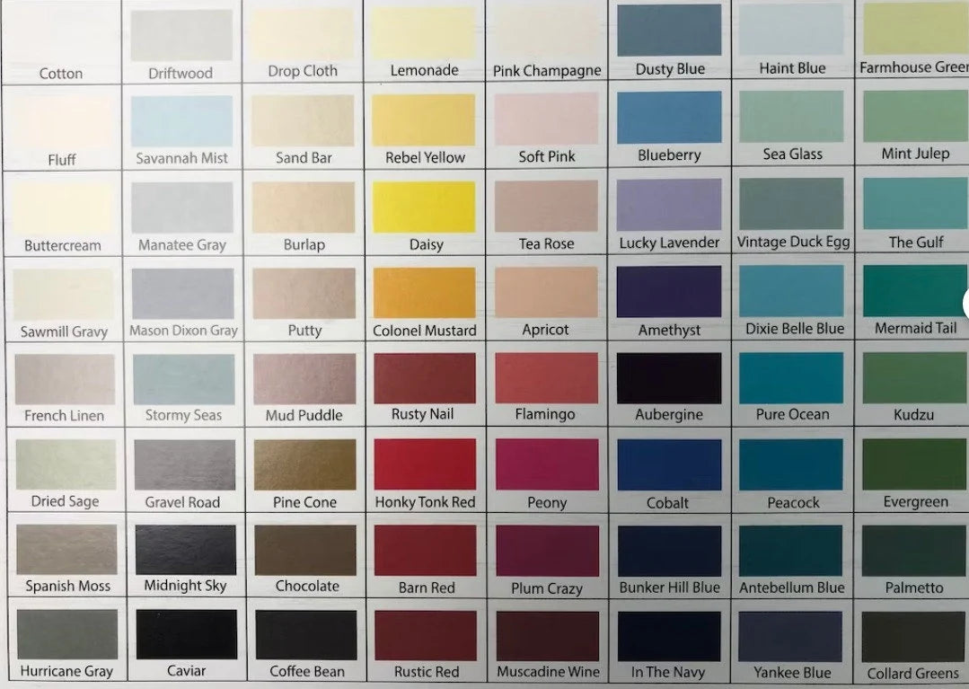 Color swatch chart with various color names and codes