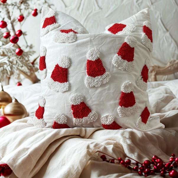 Decorative pillows with red and white santa hats on a bed with Christmas decorations.