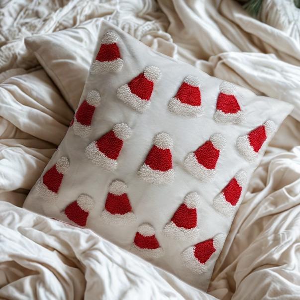 Decorative pillow with red and white pattern on a soft beige fabric background