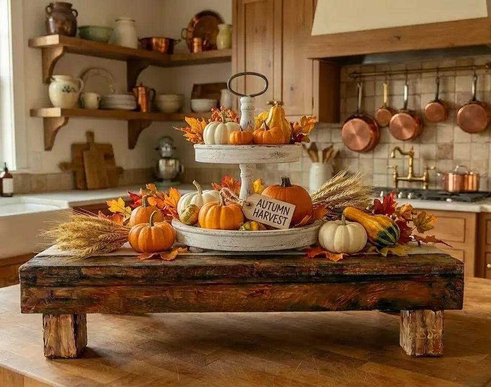 Decorative fall arrangement with pumpkins and leaves on a Rustic Farmhouse Wood Riser Display Stand in a kitchen.