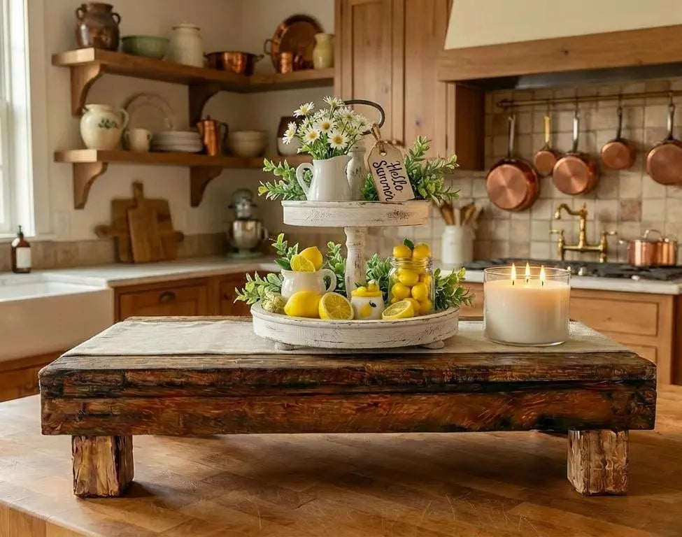 Kitchen counter with Rustic Farmhouse Wood Riser Display Stand, lemons, flowers, and candles in a homey setting.