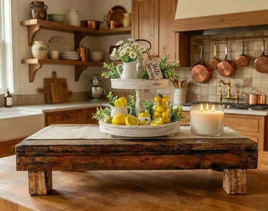 Kitchen counter with Rustic Farmhouse Wood Riser Display Stand, lemons, flowers, and candles in a homey setting.