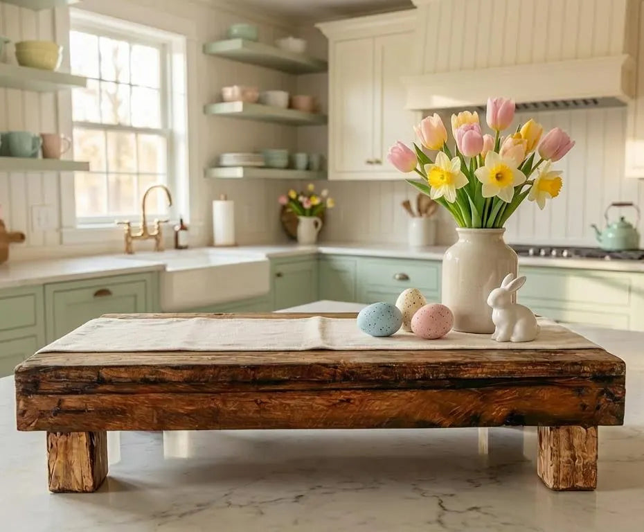 Kitchen with a Rustic Farmhouse Wood Riser Display Stand displaying Easter decorations, including a vase of flowers and colorful eggs 