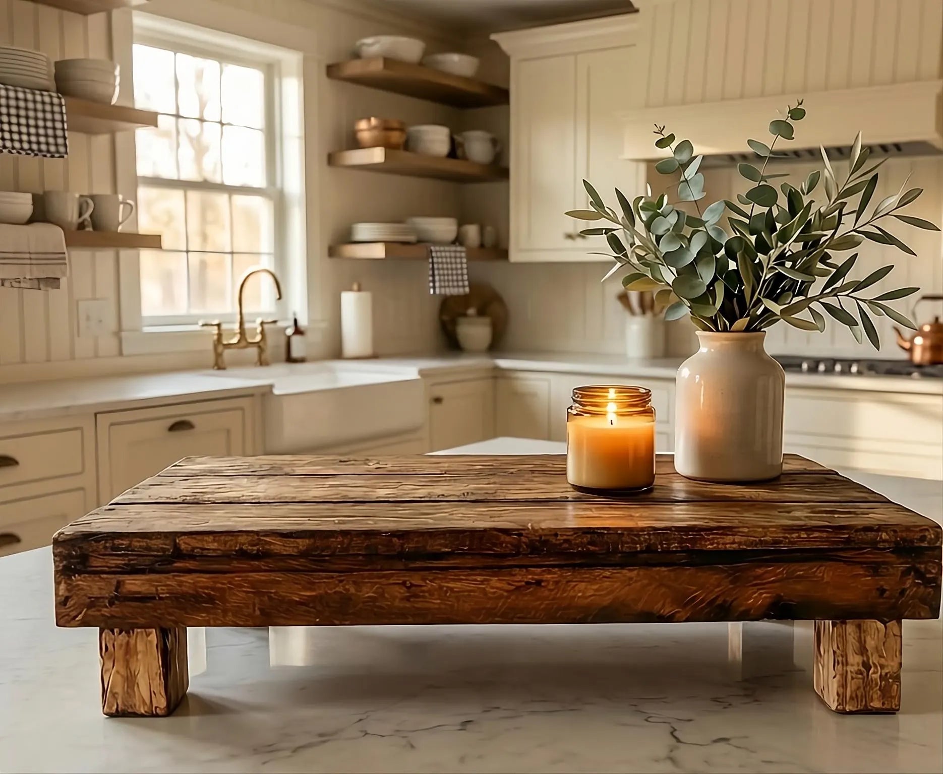 Rustic Farmhouse Wood Riser Display Stand with a candle and vase in a kitchen setting