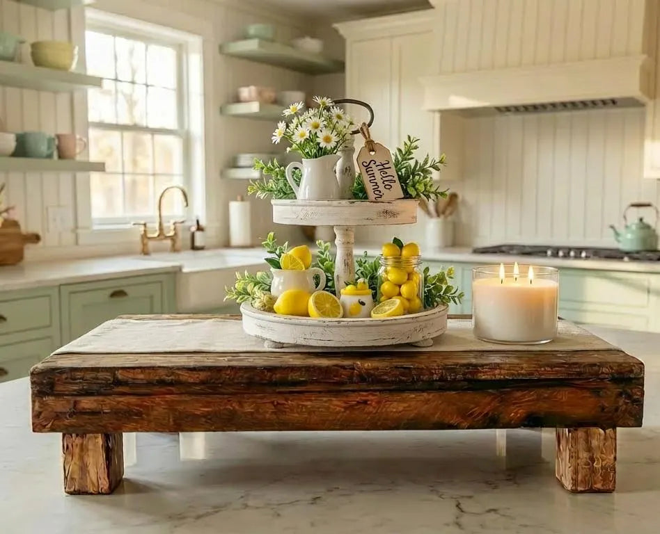 Rustic Farmhouse Wood Riser Display Stand with lemons and flowers on a wooden table in a kitchen.